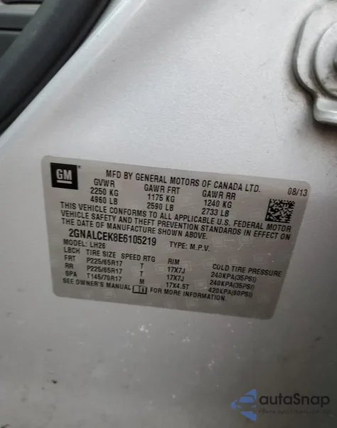 2014 Chevrolet Equinox Lt z USA, uszkodzony, nr VIN 2GNALCEK8E6105219